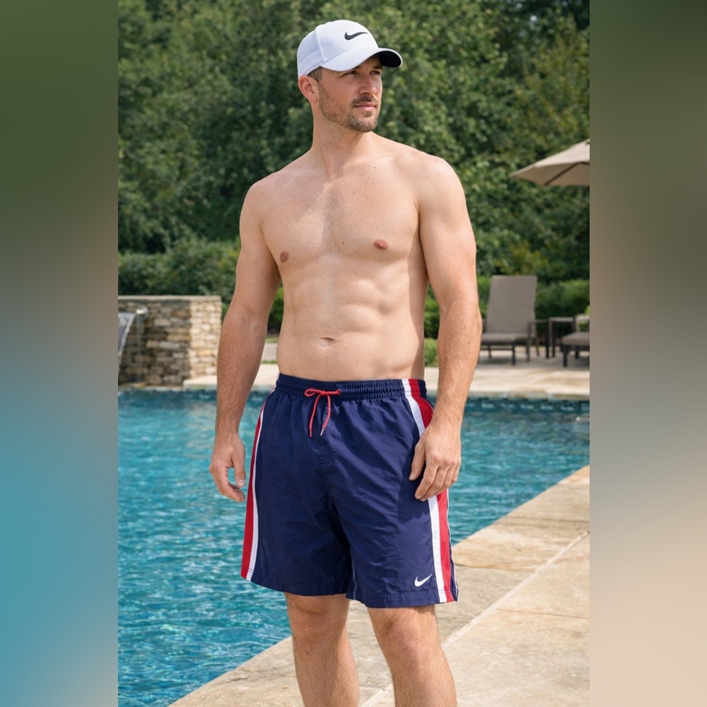 Nike Men’s Navy Swim Trunks with Red and White Accents